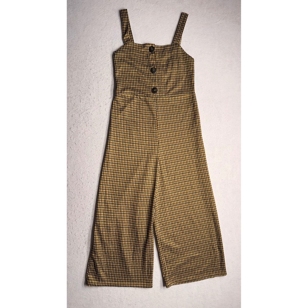 Zara Trafaluc Womens Houndstooth Wide Leg Jumpsuit Mustard Brown Size Small